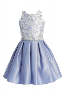 Periwinkle Blue Lace Over Satin Dress with Rhinestone Waist Trim